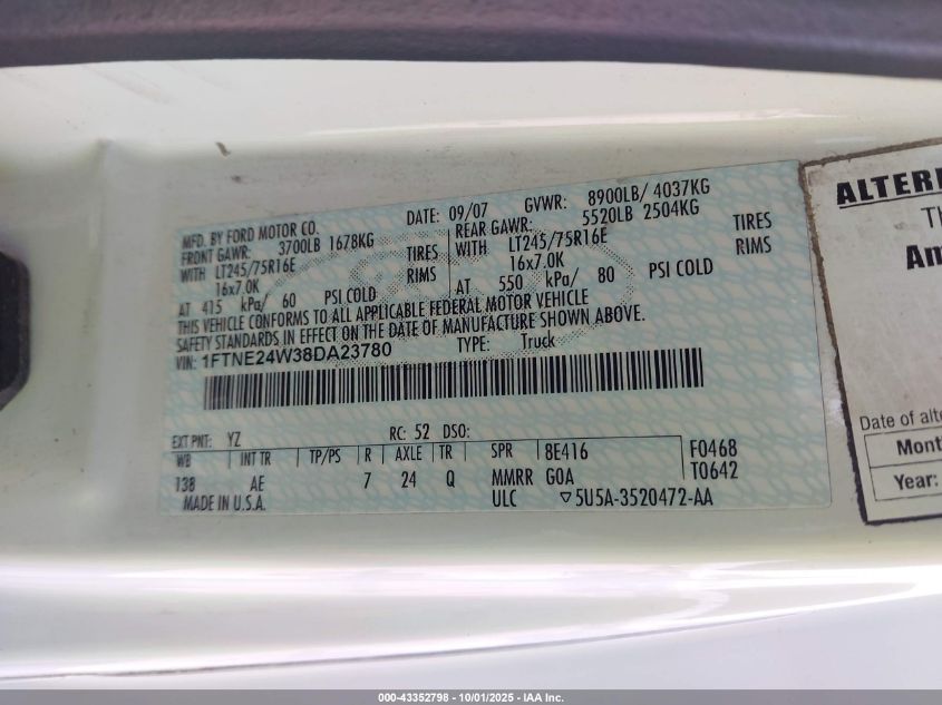 2008 Ford E-250 Commercial/Recreational VIN: 1FTNE24W38DA23780 Lot: 43352798