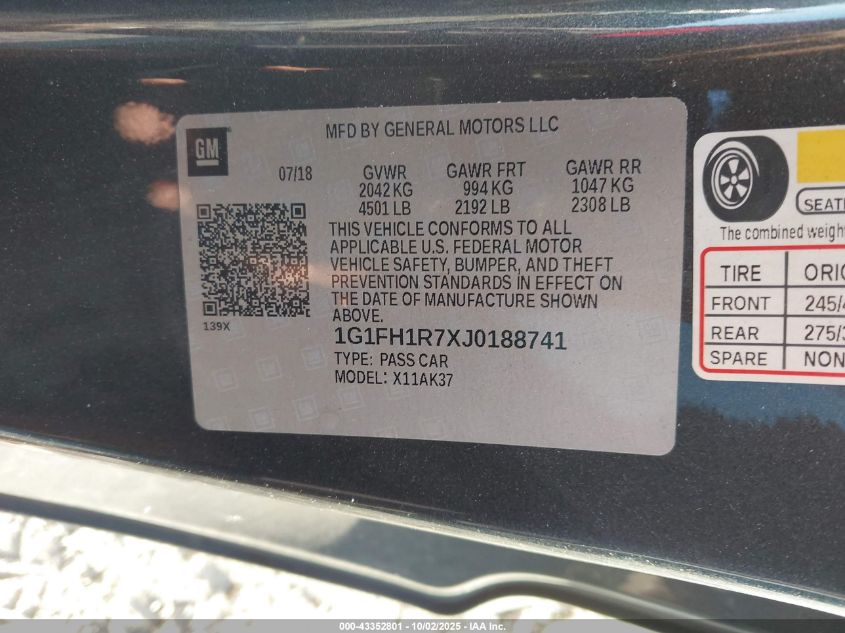 2018 Chevrolet Camaro 2Ss VIN: 1G1FH1R7XJ0188741 Lot: 43352801