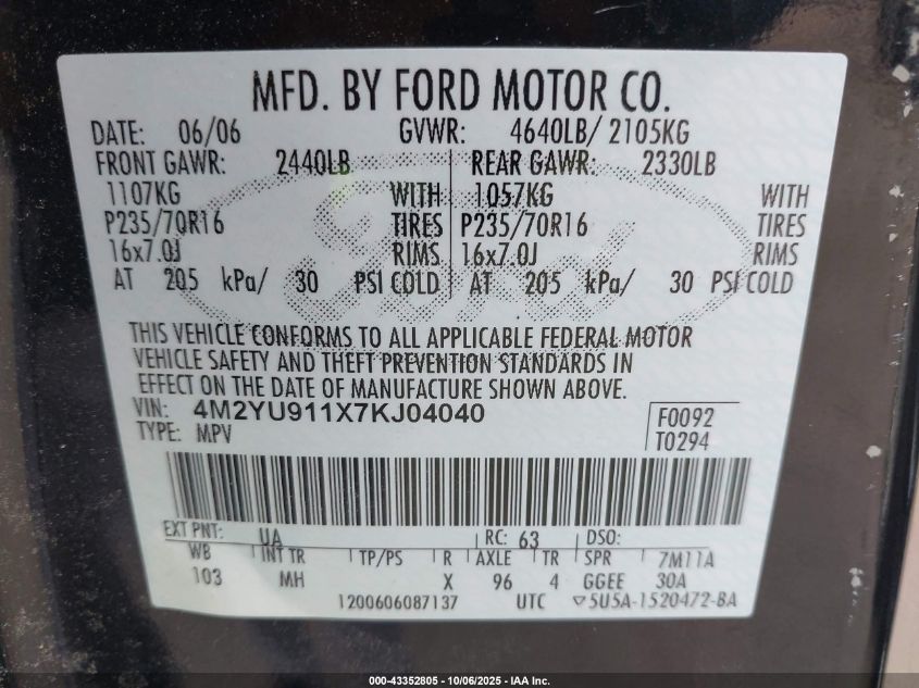 2007 Mercury Mariner Luxury VIN: 4M2YU911X7KJ04040 Lot: 43352805