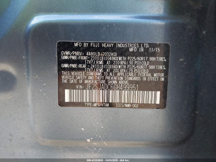 2016 Subaru Forester 2.5I Premium VIN: JF2SJADC6GH499951 Lot: 43352809