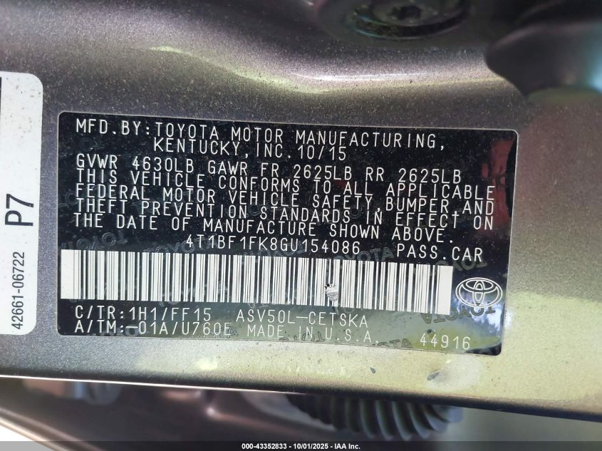 2016 Toyota Camry Se VIN: 4T1BF1FK8GU154086 Lot: 43352833