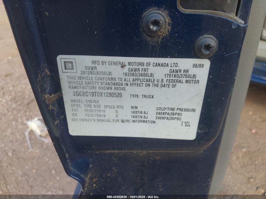1999 Chevrolet Silverado 1500 Ls VIN: 2GCEC19TOX1280520 Lot: 43352838