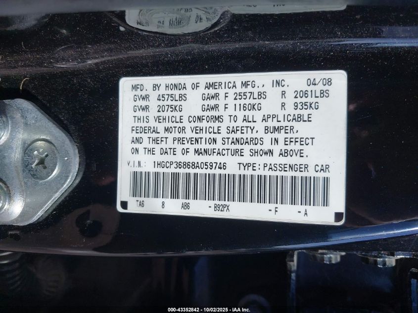 2008 Honda Accord 3.5 Ex-L VIN: 1HGCP36868A059746 Lot: 43352842