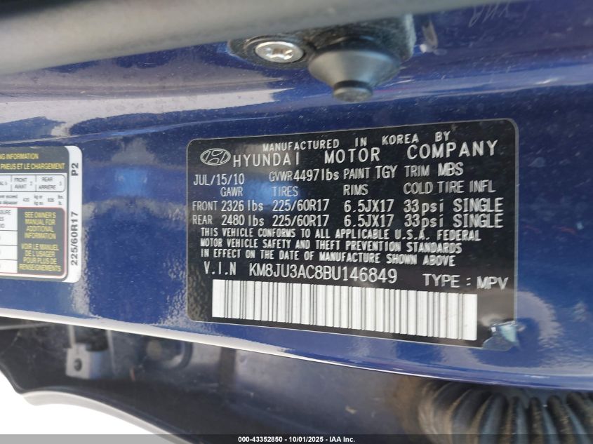 2011 Hyundai Tucson Gls VIN: KM8JU3AC8BU146849 Lot: 43352850