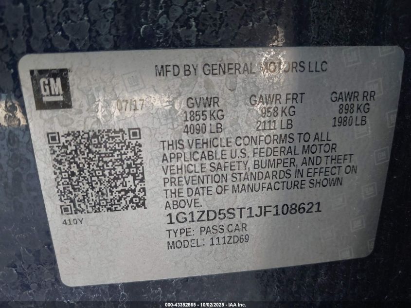 2018 Chevrolet Malibu Lt VIN: 1G1ZD5ST1JF108621 Lot: 43352865