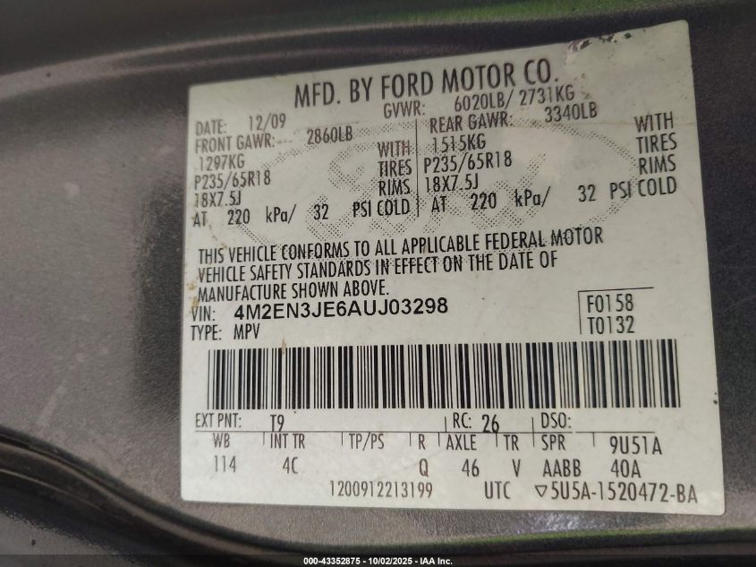 2010 Mercury Mountaineer Premier VIN: 4M2EN3JE6AUJ03298 Lot: 43352875