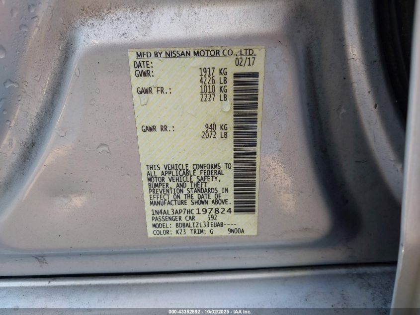 2017 Nissan Altima 2.5 Sv VIN: 1N4AL3AP7HC197824 Lot: 43352892