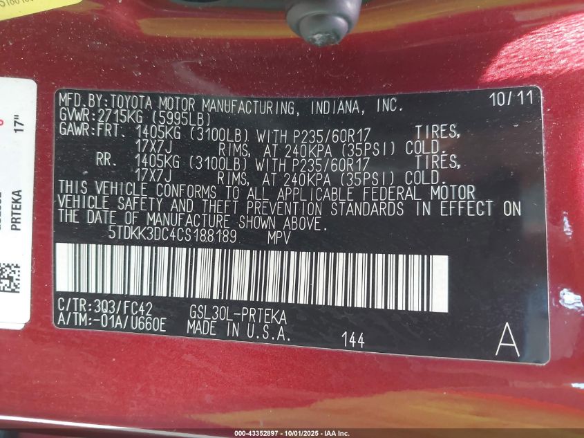 2012 Toyota Sienna Le V6 8 Passenger VIN: 5TDKK3DC4CS188189 Lot: 43352897