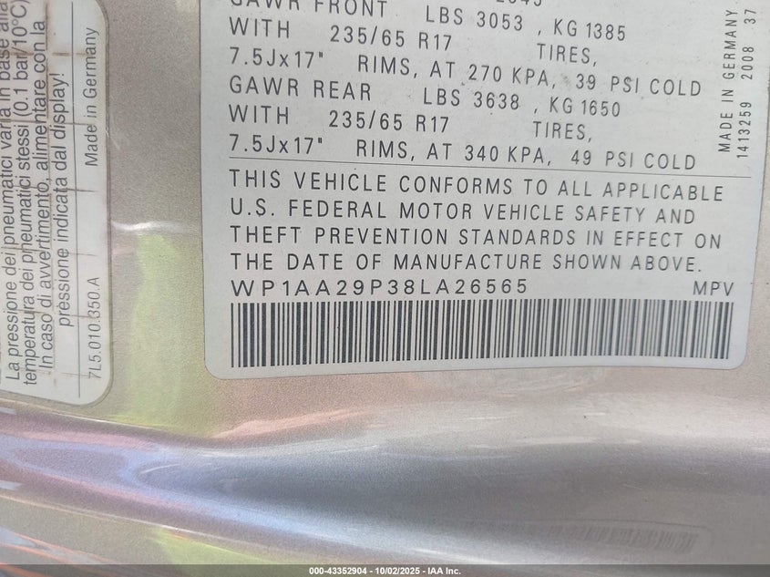 2008 Porsche Cayenne VIN: WP1AA29P38LA26565 Lot: 43352904