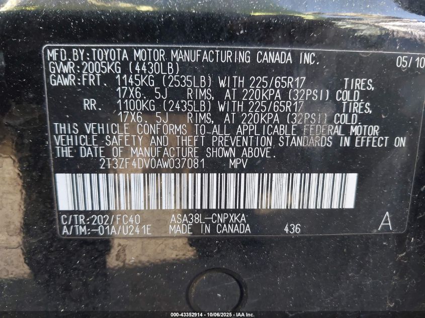 2010 Toyota Rav4 VIN: 2T3ZF4DV0AW037081 Lot: 43352914