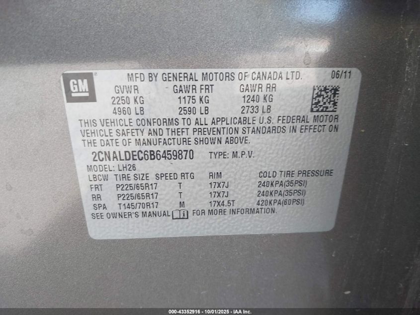 2011 Chevrolet Equinox 1Lt VIN: 2CNALDEC6B6459870 Lot: 43352916