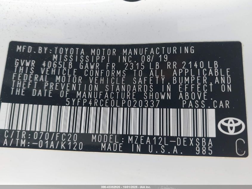 2020 Toyota Corolla Se VIN: 5YFP4RCE0LP020337 Lot: 43352920