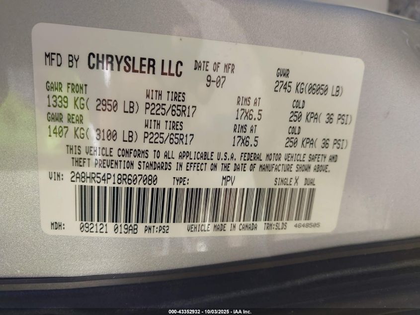 2008 Chrysler Town & Country Touring VIN: 2A8HR54P18R607080 Lot: 43352932