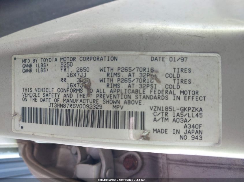 1997 Toyota 4Runner Sr5 V6 Limited VIN: JT3HN87R6V0092329 Lot: 43352936