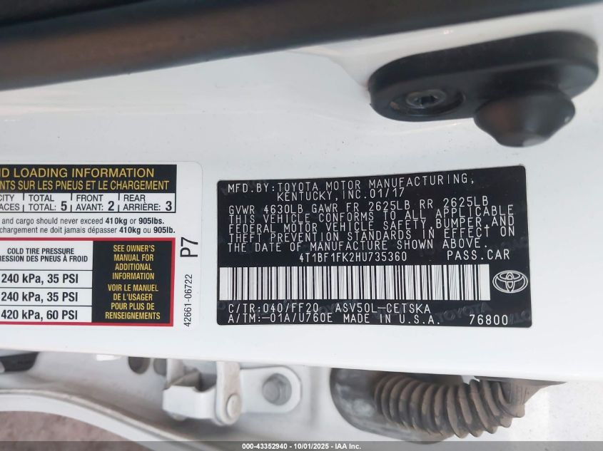 2017 Toyota Camry Se VIN: 4T1BF1FK2HU735360 Lot: 43352940