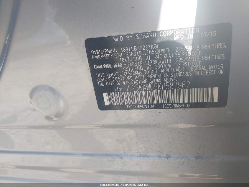 2019 Subaru Forester Touring VIN: JF2SKAWC9KH587962 Lot: 43352943