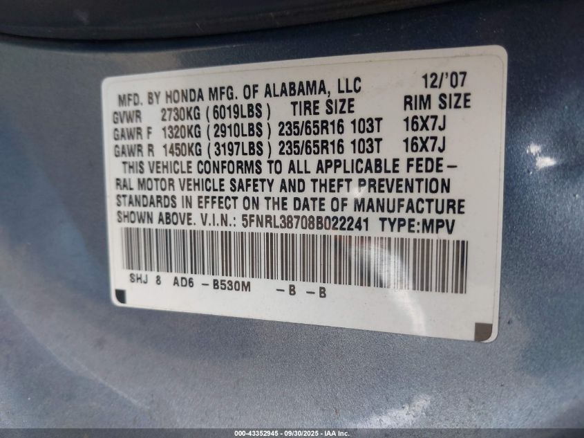 2008 Honda Odyssey Ex-L VIN: 5FNRL38708B022241 Lot: 43352945
