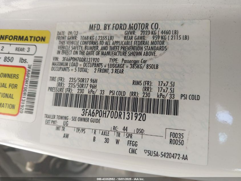 2013 Ford Fusion Se VIN: 3FA6P0H70DR131920 Lot: 43352952