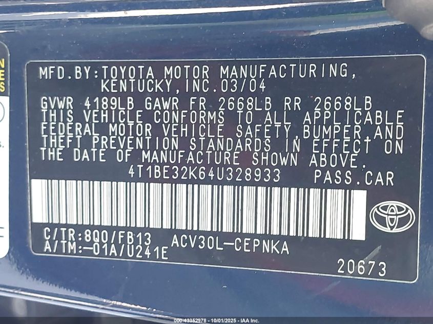 2004 Toyota Camry Le VIN: 4T1BE32K64U328933 Lot: 43352978