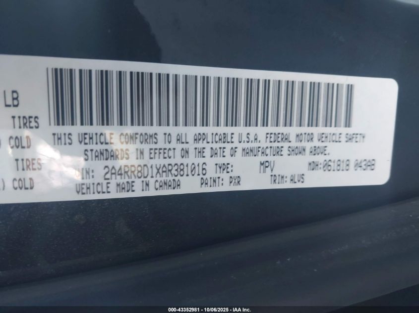 2010 Chrysler Town & Country Touring Plus VIN: 2A4RR8D1XAR381016 Lot: 43352981