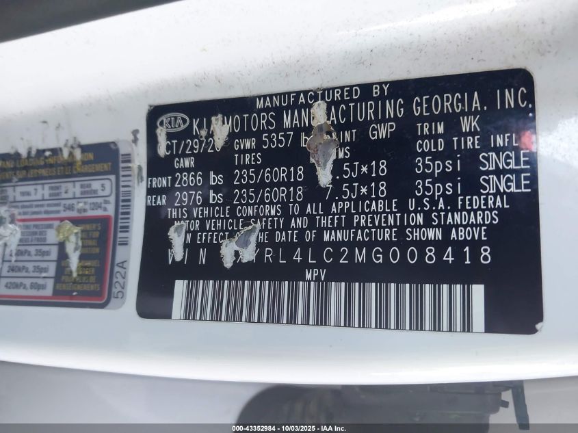 2021 Kia Sorento S VIN: 5XYRL4LC2MG008418 Lot: 43352984