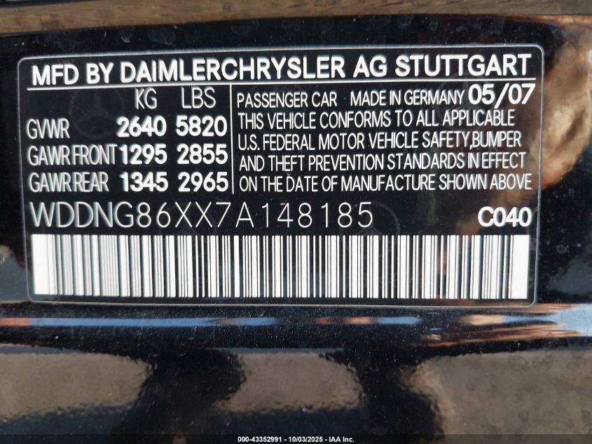 2007 Mercedes-Benz S 550 4Matic VIN: WDDNG86XX7A148185 Lot: 43352991
