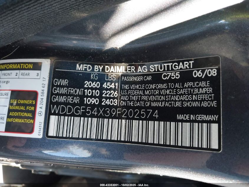 2009 Mercedes-Benz C 300 Luxury/Sport VIN: WDDGF54X39F202574 Lot: 43353001