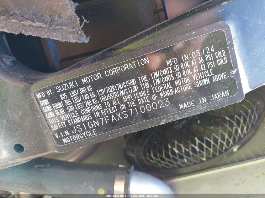2025 Suzuki Gsx-R600 VIN: JS1GN7FAXS7100023 Lot: 43353016