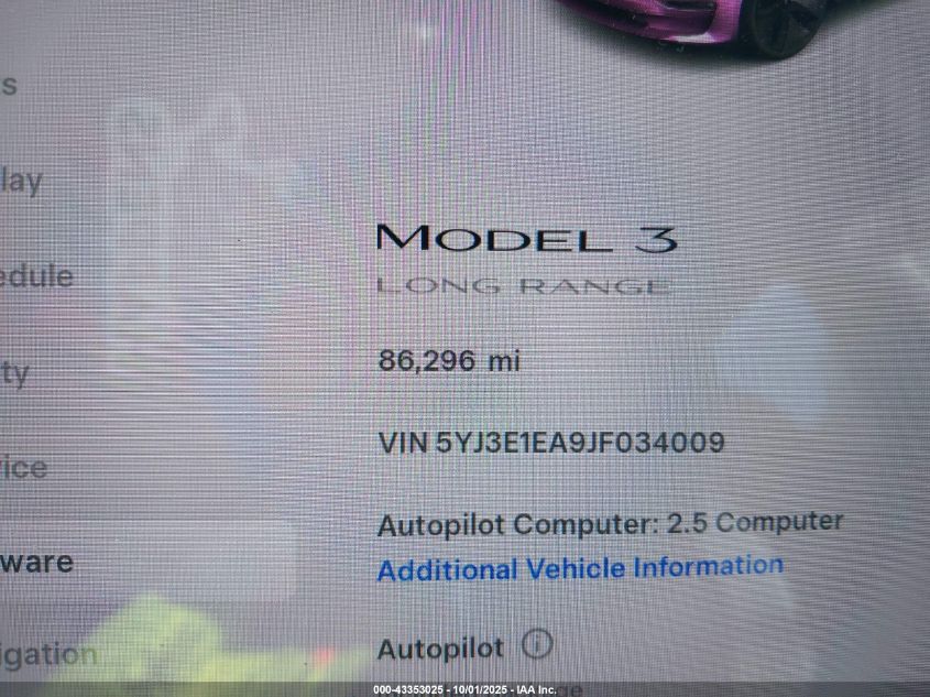 2018 Tesla Model 3 Long Range/Mid Range VIN: 5YJ3E1EA9JF034009 Lot: 43353025