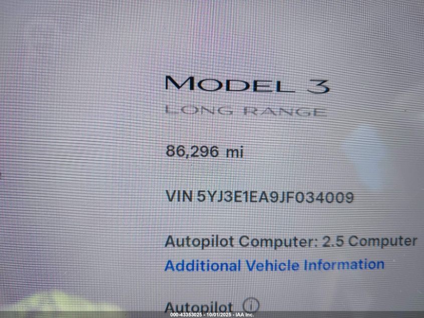 2018 Tesla Model 3 Long Range/Mid Range VIN: 5YJ3E1EA9JF034009 Lot: 43353025