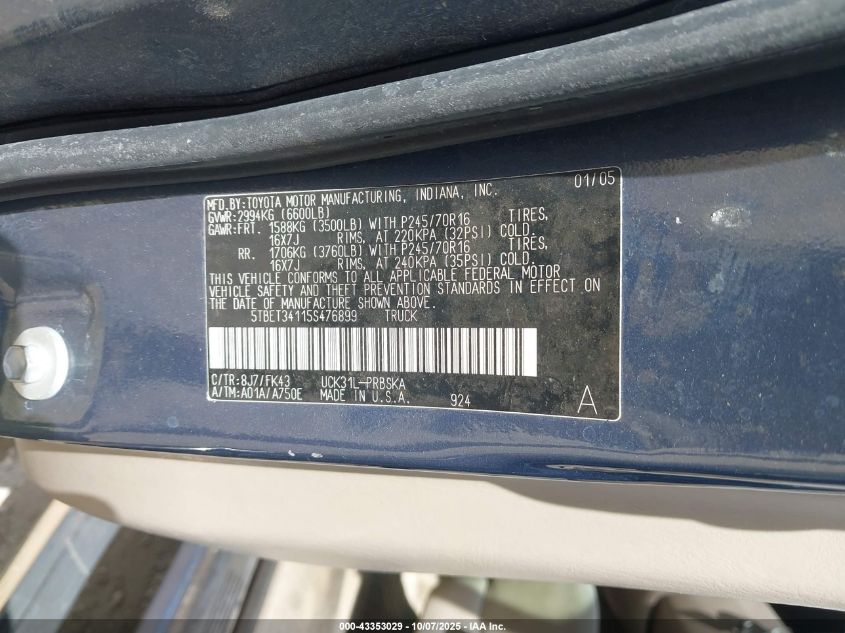 2005 Toyota Tundra Sr5 V8 VIN: 5TBET34115S476899 Lot: 43353029