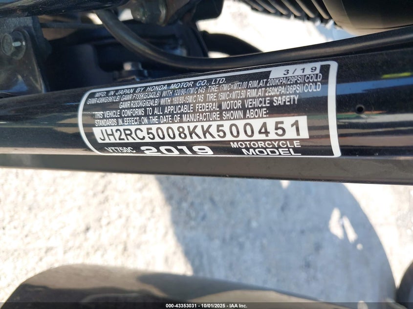 2019 Honda Vt750 C VIN: JH2RC5008KK500451 Lot: 43353031