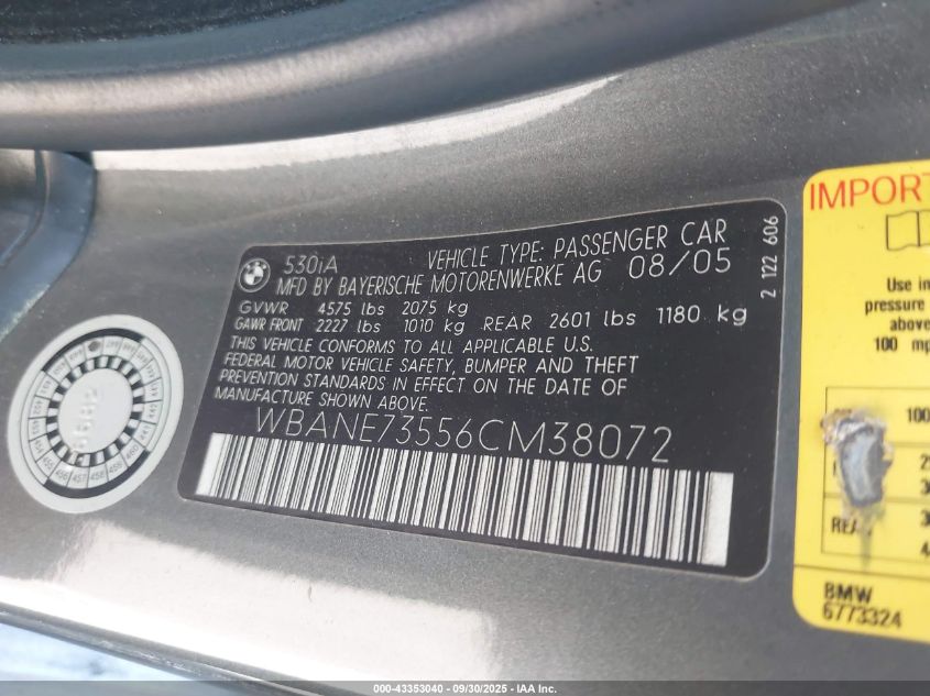 2006 BMW 530I VIN: WBANE73556CM38072 Lot: 43353040