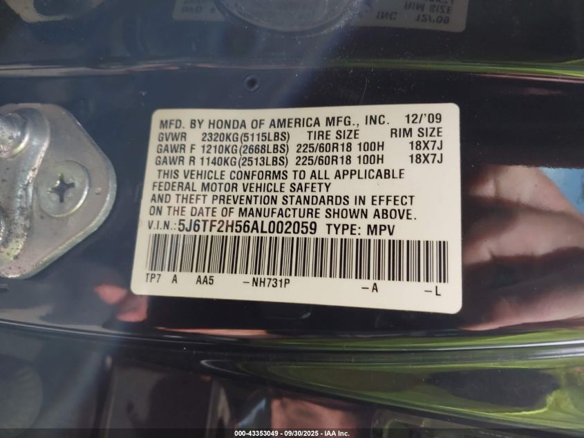 2010 Honda Accord Crosstour Ex-L VIN: 5J6TF2H56AL002059 Lot: 43353049