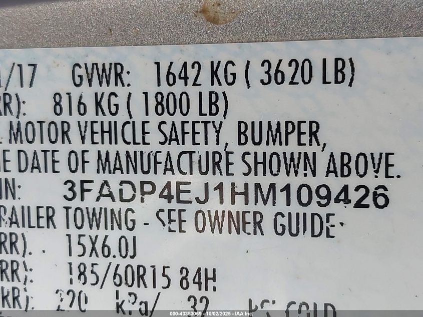 2017 Ford Fiesta Se VIN: 3FADP4EJ1HM109426 Lot: 43353069