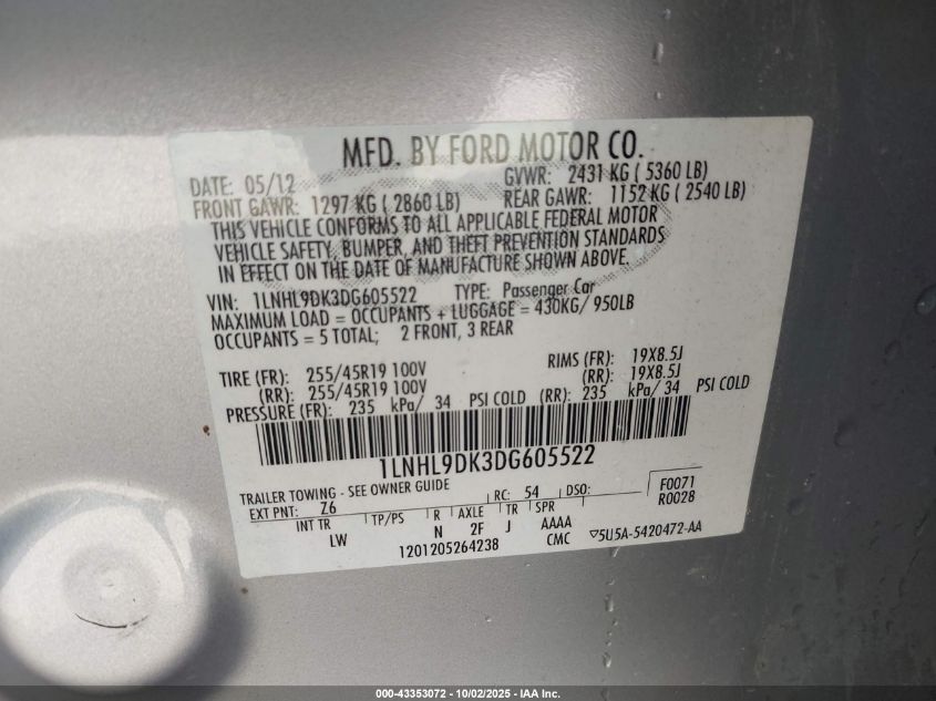 2013 Lincoln Mks VIN: 1LNHL9DK3DG605522 Lot: 43353072