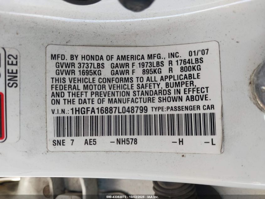 2007 Honda Civic Ex VIN: 1HGFA16887L048799 Lot: 43353073