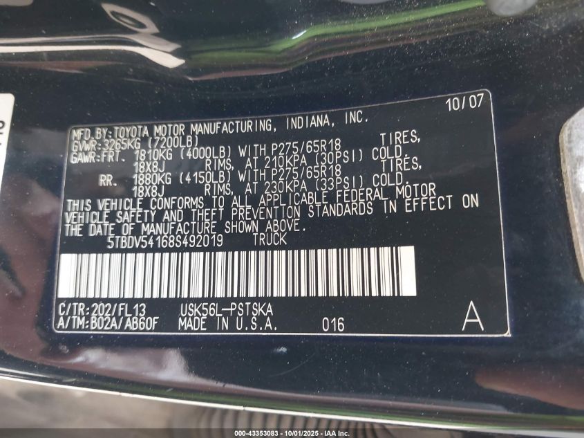 2008 Toyota Tundra Sr5 5.7L V8 VIN: 5TBDV54168S492019 Lot: 43353083