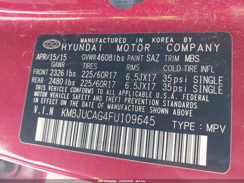 2015 HYUNDAI TUCSON SE - KM8JUCAG4FU109645
