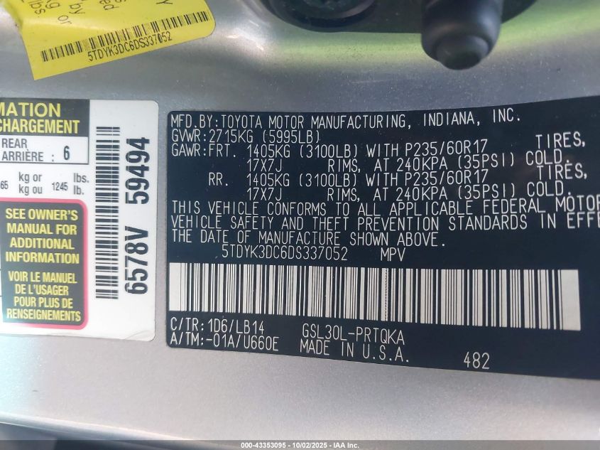 2013 Toyota Sienna Xle V6 8 Passenger VIN: 5TDYK3DC6DS337052 Lot: 43353095