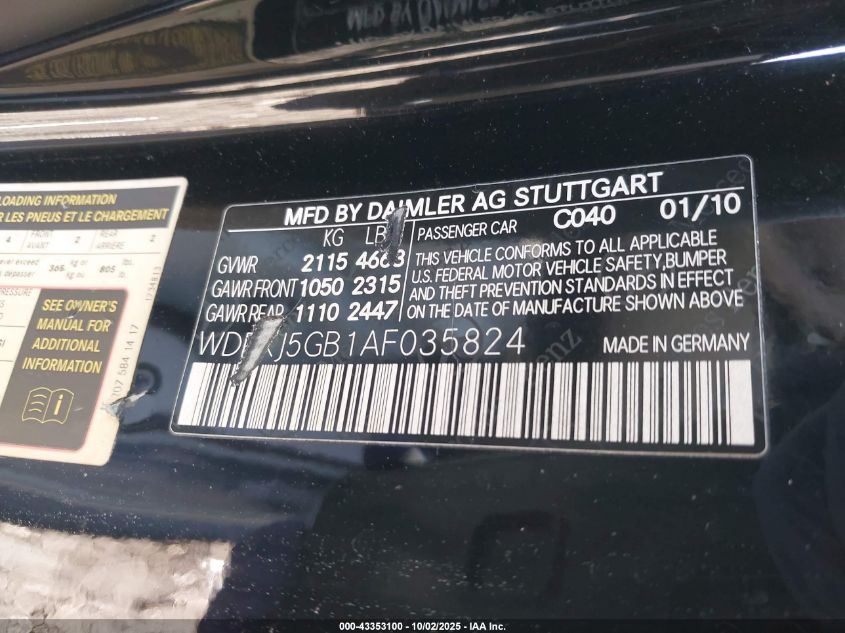 2010 Mercedes-Benz E 350 VIN: WDDKJ5GB1AF035824 Lot: 43353100