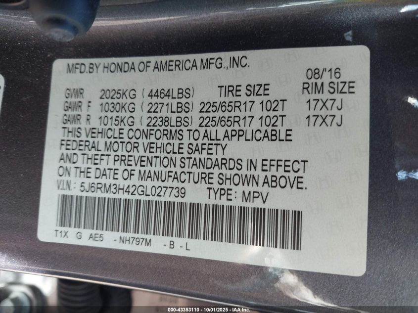 2016 Honda Cr-V Se VIN: 5J6RM3H42GL027739 Lot: 43353110