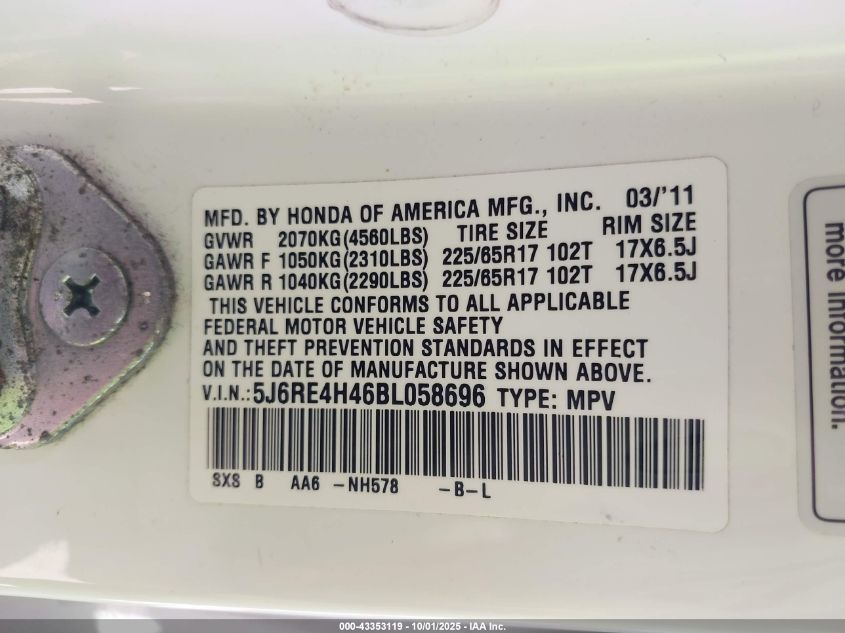 2011 Honda Cr-V Se VIN: 5J6RE4H46BL058696 Lot: 43353119