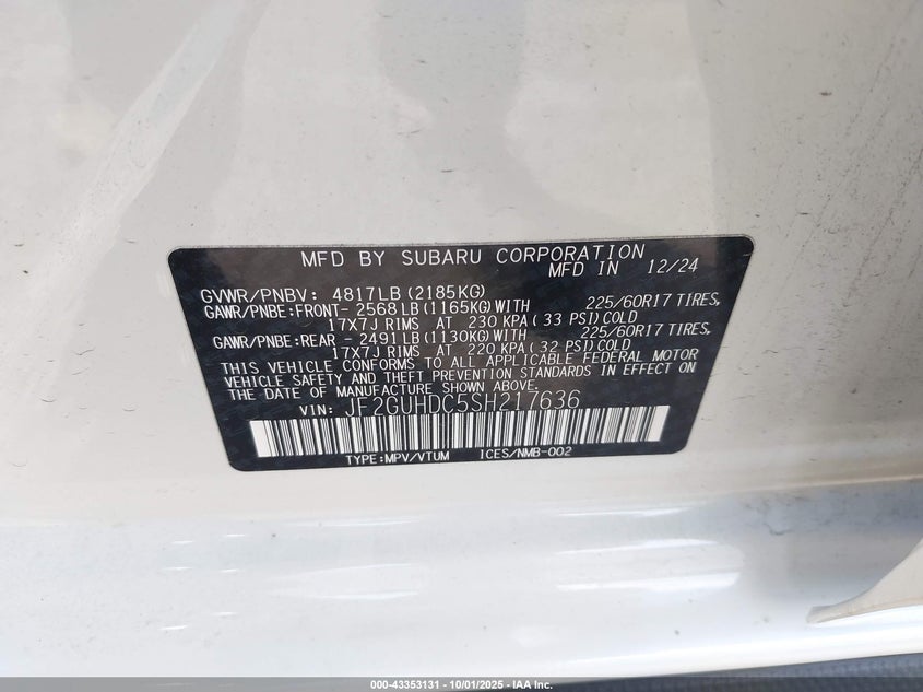 2025 SUBARU CROSSTREK PREMIUM - JF2GUHDC5SH217636