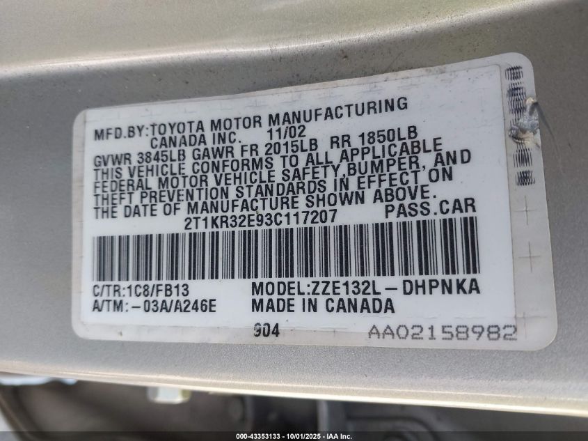 2003 Toyota Matrix Xr VIN: 2T1KR32E93C117207 Lot: 43353133