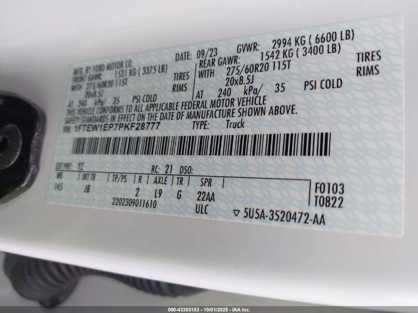 2023 Ford F150 Supercrew VIN: 1FTEW1EP7PKF28777 Lot: 43353153