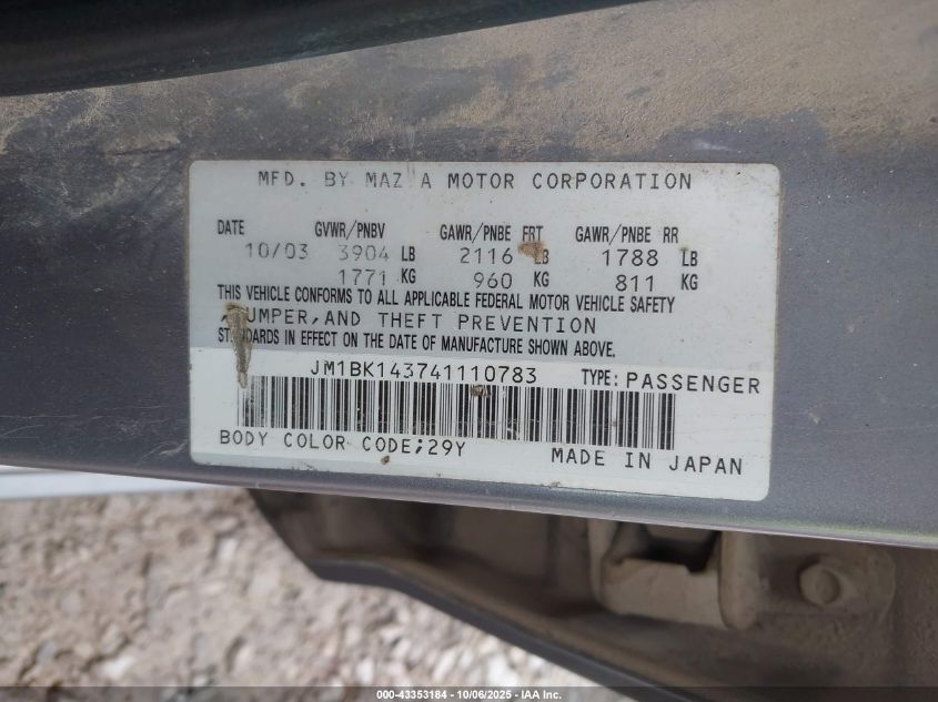 2004 Mazda Mazda3 S VIN: JM1BK143741110783 Lot: 43353184