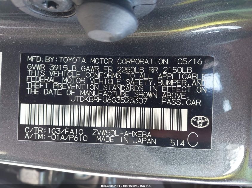 2016 Toyota Prius Two VIN: JTDKBRFU6G3523307 Lot: 43353191