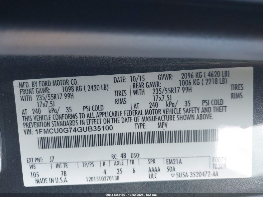 2016 Ford Escape Se VIN: 1FMCU0G74GUB35100 Lot: 43353192