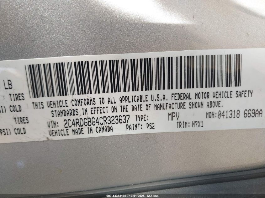 2012 Dodge Grand Caravan Se/Avp VIN: 2C4RDGBG4CR323637 Lot: 43353193